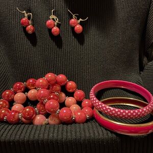 Red Bead 3 Bracelet, Earrings and 2 Bangle Jewelry Set